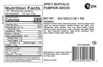 Yupik Spicy Buffalo Pumpkin Seeds, 2.2 Lbs, Seasoned & Roasted Seeds, Crunchy Snack Or Salad Topper, Vegan, Non Gmo, No Preservatives Or Artificial Flavors, Brown, Pack Of 1