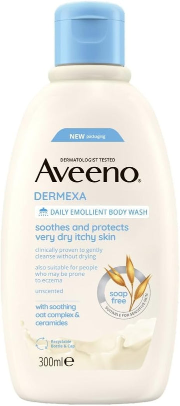Aveeno Dermexa Daily Emollient Body Wash, Gently Cleanses And Soothes, For Very Dry Itchy Also Eczema Prone Skin, 300 Ml(Packaging May Vary)