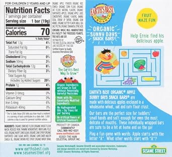 Earth'S Best Organic Sunny Days Snack Bars For Toddlers 2 Years Old And Up, Apple Flavored With Other Natural Flavors, 7 Ct