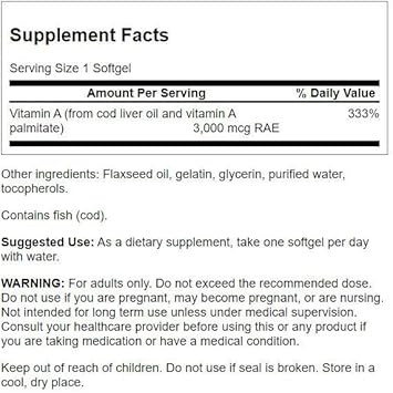Swanson Vitamin A 10,000 Iu (3,000 Mcg Rae) Natural Nourishment For Bone, Skin Health, Vision Support & Immune System Function - High Absorption Vitamin A 250 Softgels (2 Pack)
