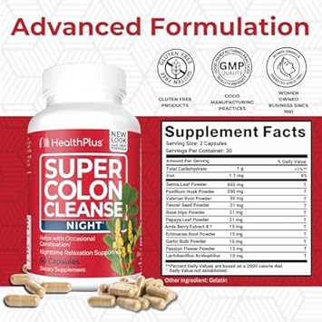 Health Plus Super Colon Cleanse Night Formula Digestive Support | Constipation Relief To Reduce Bloating With Probiotics And Valerian Root For Sleep | More Than 1 Cleanse, 60 Capsules