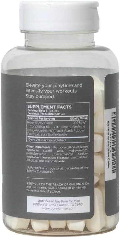 Pure For Men Pump Enhancer | Pre Workout Supplement For Muscle Pump, Stamina And Increased Blood Flow | Nitric Oxide Booster With L-Arginine & L-Citrulline | Focus And Energy Support | 90 Count