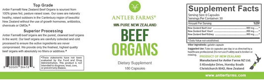 Antler Farms - 100% Pure New Zealand Beef Organs - Heart, Liver, Kidney, 180 Capsules, 400Mg - Grass Fed, Cold Processed Supplement, Pure And Clean Rbgh Free, No Fillers Or Additives