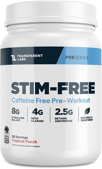 Transparent Labs Stim-Free Pre-Workout - Caffeine & Stim Free Pre Workout Powder For Men And Women With Beta Alanine Powder, Citrulline Malate, & Elevatp - 30 Servings, Tropical Punch