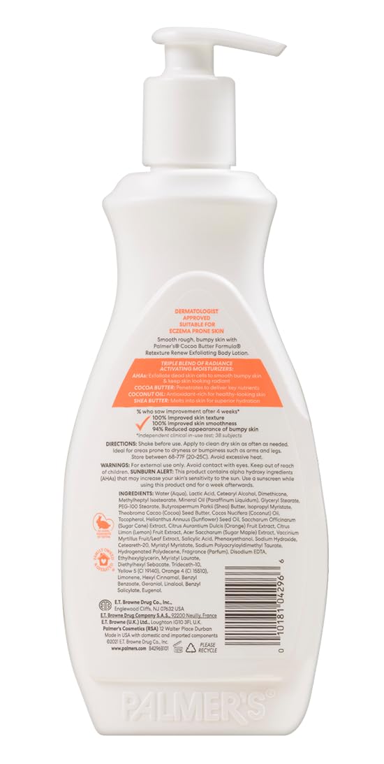 Palmer'S Cocoa Butter Formula Retexture & Renew Exfoliating Body Lotion For Rough & Bumpy Skin, Triple Action Moisturizers + Ahas, Pump Bottle, 13.5 Ounce
