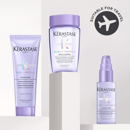 Kérastase Blond Absolu Discovery Set, With Illuminating Shampoo, Nourishing Conditioner And Fortifying Heat Protection Serum, With Hyaluronic Acid, For Blonde And Bleached Hair, Travel Size