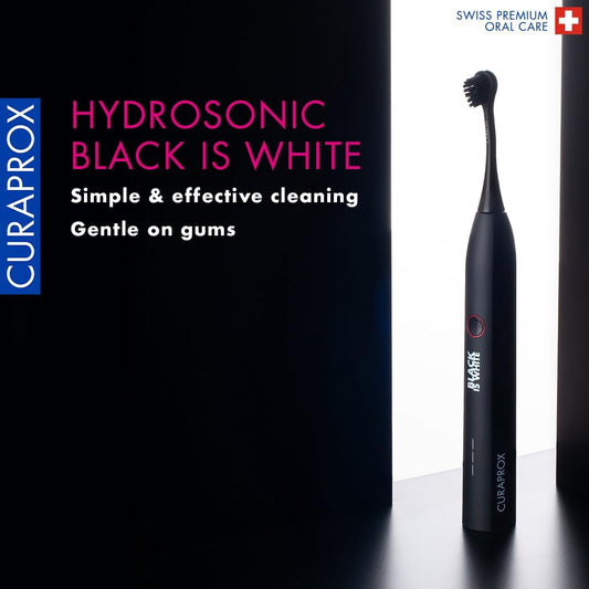 Curaprox Hydrosonic Black Is White Sonic Toothbrush - Curaprox Electric Toothbrush For Adults With 7 Cleaning Levels With Carbon Filaments