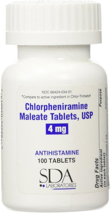 Sda Laboratories Chlorpheniramine Maleate Antihistamine Tablets - 4Mg For Effective Allergy Relief And Cold Symptom Management, Easy-To-Swallow Tablets - 100 Count (1 Pack)