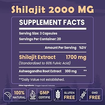 2000 Mg Shilajit Supplement, Shilajit Resin Organic, Shilajit Capsules, 100% Pure Shilajit With 85+ Trace Minerals & 60% Fulvic Acid, Boost Energy & Immunity, Vegetarian, Natural, 120 Capsules