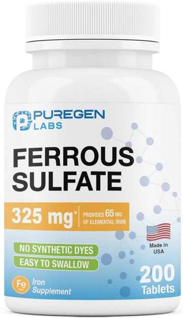 Puregen Labs Ferrous Sulfate 325 Mg (65 Mg Elemental Iron) High Potency Iron Supplement | No Artificial Color Additives - 200 Tablets Made In Usa