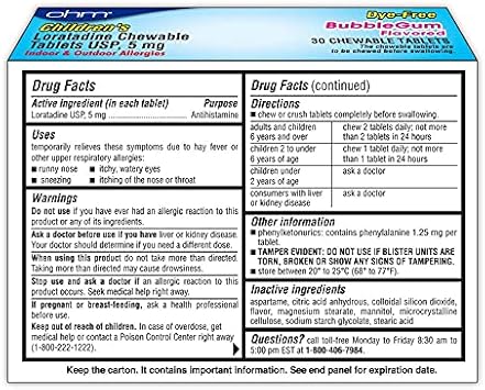 Ohm Children’S Loratadine Chewable, Dye Free, Bubblegum, Non-Drowsy 24H Relief Of Sneezing, Runny Nose, Watery Eyes, Itchy Throat Or Nose, Antihistamine, Indoor & Outdoor Allergies, 5Mg, 30 Tablets