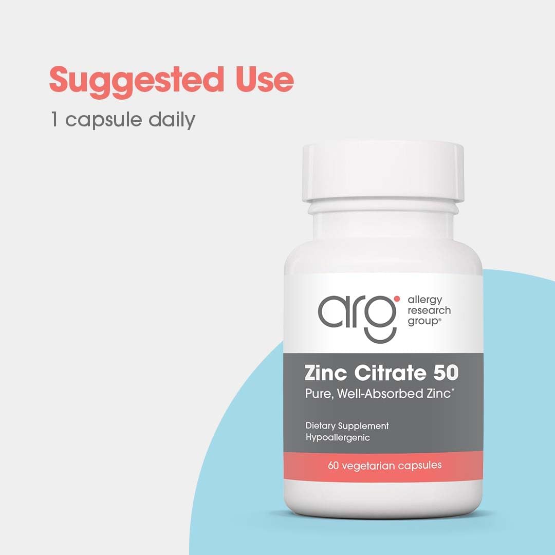 Allergy Research Group Zinc Citrate Supplement - Zinc For Men & Women, Immune Support, Pure, Well-Absorbed, Well-Tolerated, Trace Mineral, 50Mg Vegetarian Capsules - 60 Count
