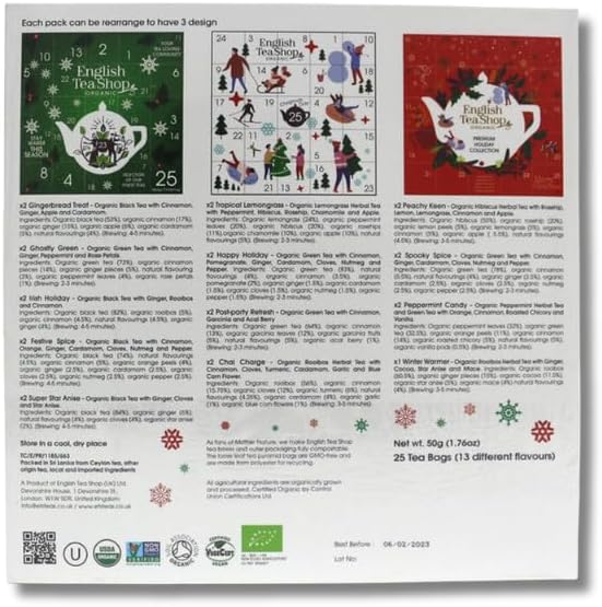 English Tea Shop Organic White Ornaments Advent Calendar Puzzle - 25 Loose Leaf Tea Pyramid Bags - 13 Different Flavours., 50 g : Amazon.co.uk: Grocery