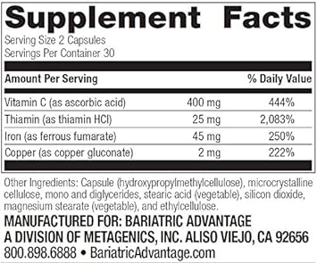 Bariatric Advantage Iron 45 Mg With Vitamin C, Thiamin And Copper For Increased Absorption And Utilization, Easily Digestible For Gastric Bypass And Sleeve Gastrectomy Surgery Patients - 60 Count