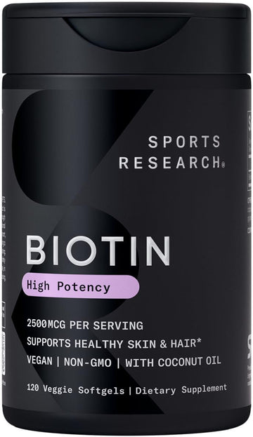 Sports Research Extra Strength Vegan Biotin (Vitamin B) Supplement With Organic Coconut Oil - Supports Keratin For Healthier Hair & Skin - Great For Women & Men - 2,500Mcg, 120 Veggie Softgel Capsules