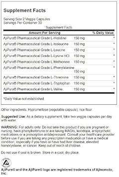 Swanson Ajipure 9 Essential Amino Acid Formula Pharmaceutical Grade 60 Veg Capsules (2 Pack)