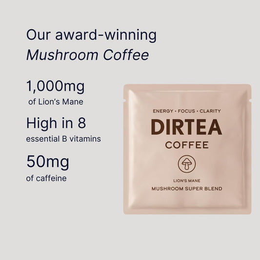 Dirtea Matcha Powder Sachets - 100% Organic Ceremonial Grade Matcha From Japan - Mushrooms Super Blend Tea With Lions Mane & Tremella - 2,500Mg Per Serving - Organic 42G - 7 Sachets X 6G Servings