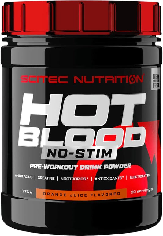 Scitec Nutrition Hot Blood No-Stim – Stimulant-Free Pre-Workout – With Creatine –Nootropics – Beta-Alanine – Electrolytes – Antioxidant Complex, 375 G, Orange Juice