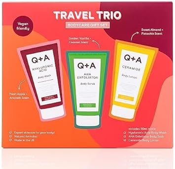 Q+A Travel Trio Body Care Giftset, Containing A Hyaluronic Acid Body Wash, Aha Exfoliator Body Scrub, And A Ceramide Body Lotion, Each Item 50Ml