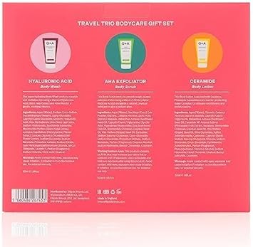 Q+A Travel Trio Body Care Giftset, containing a Hyaluronic Acid Body Wash, AHA Exfoliator Body Scrub, and a Ceramide Body Lotion, each item 50ml : Amazon.co.uk: Beauty