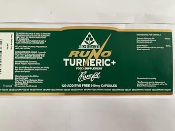 Bio-Health Runo Turmeric+ Food Supplement With Black Pepper To Enhance Curcumin Absorbtion, Supports Joint Health And Flexibility And Genreal Health, Suitable For Vegans And Vegetarians, 120 Capsules
