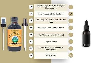 Prime Natural Organic Black Seed Oil 4Oz - Cold Pressed Unrefined High Thymoquinone 1.7% Usda Certified - Turkish Origin Potent Nigella Sativa Liquid - Vegan Omega 3 6 9, Antioxidant : Health & Household