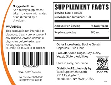 Bulksupplements.Com 5-Htp 100Mg - 5-Hydroxytryptophan, 5 Htp Supplement, 5Htp 100Mg - Htp5 Supplement, Griffonia Seed Extract - Mood Support Supplement, 1 Capsule Per Serving, 120 Capsules