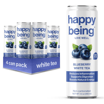Happy Being Nutrient-Rich Organic Blueberry White Tea – Infused With Turmeric, Elderberry, Vitamin D3, Caffeine Free, Plant-Based, Low Calorie & Low Sugar Drinks, 12Oz (4 Pack)