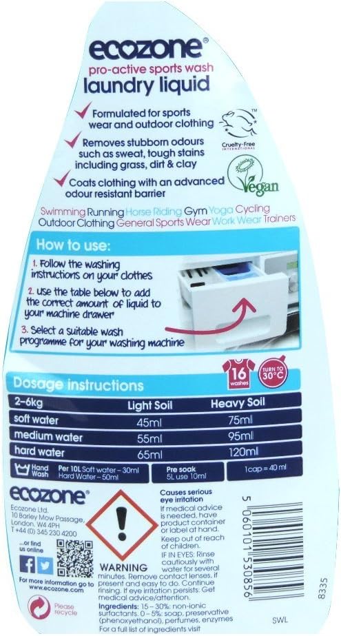 Ecozone Pro-Active Sports Wash Detergent, Liquid100%, Blue, 750Ml