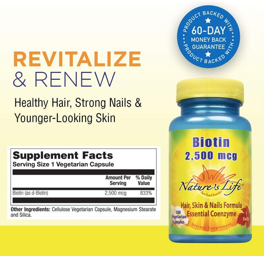 Nature'S Life Biotin 2500Mcg | Healthy Hair, Skin, Nail & Metabolism Support | Non-Gmo | 100 Vegetable Capsules
