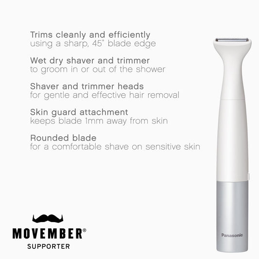 Panasonic Bikini Trimmer and Shaver for Women with 4 Attachments for Gentle Grooming in Sensitive Areas, Wet/Dry, Battery-Operated – ES-WV60-S (White / Silver)