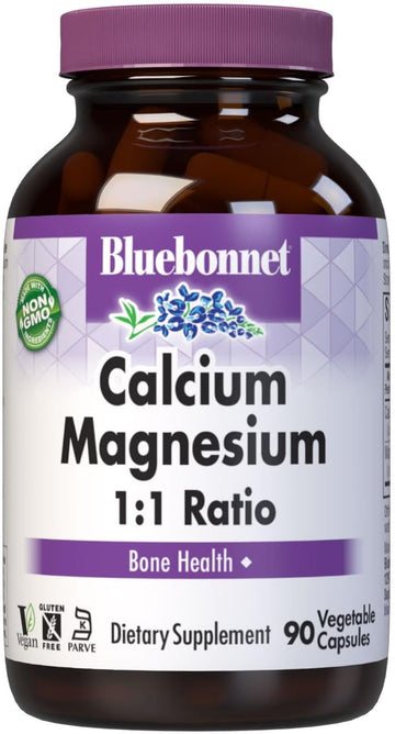 Bluebonnet Calcium Magnesium 1:1 Ratio Vegetarian Capsules, 90 Count