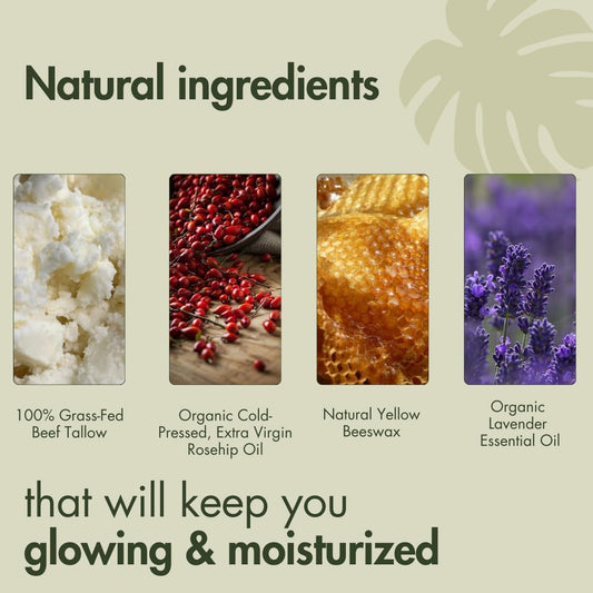 100% Grass-Fed Beef Tallow Face Moisturizer - Natural Organic Skin Care With Lavender Essential Oil - Nourishing 2Oz Balm With Rose Hip Oil & Beeswax For Sensitive Skin, Hands & Lips