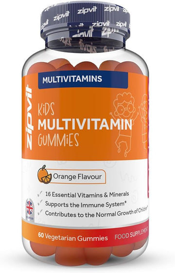 Zipvit Multivitamin Gummies For Kids Aged 4+, 16 Essential Vitamins, Supports Kids' Immunity, 60 Orange Flavoured Gummies, 2 Months Supply Of Vegetarian Vitamins