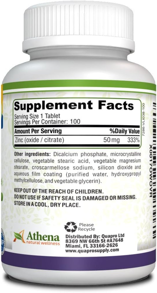 Athena - Zinc Supplement Tablets 50Mg - Oxide/Citrate - 100 Coated Tab