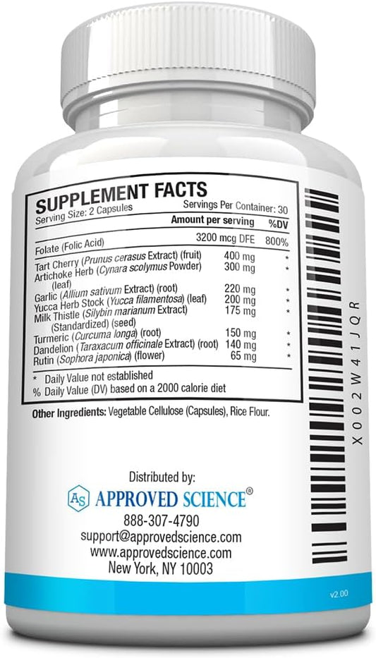 Approved Science Uric Acid Flush With Folic Acid And Tart Cherry - 60 Capsules - 1 Month Supply