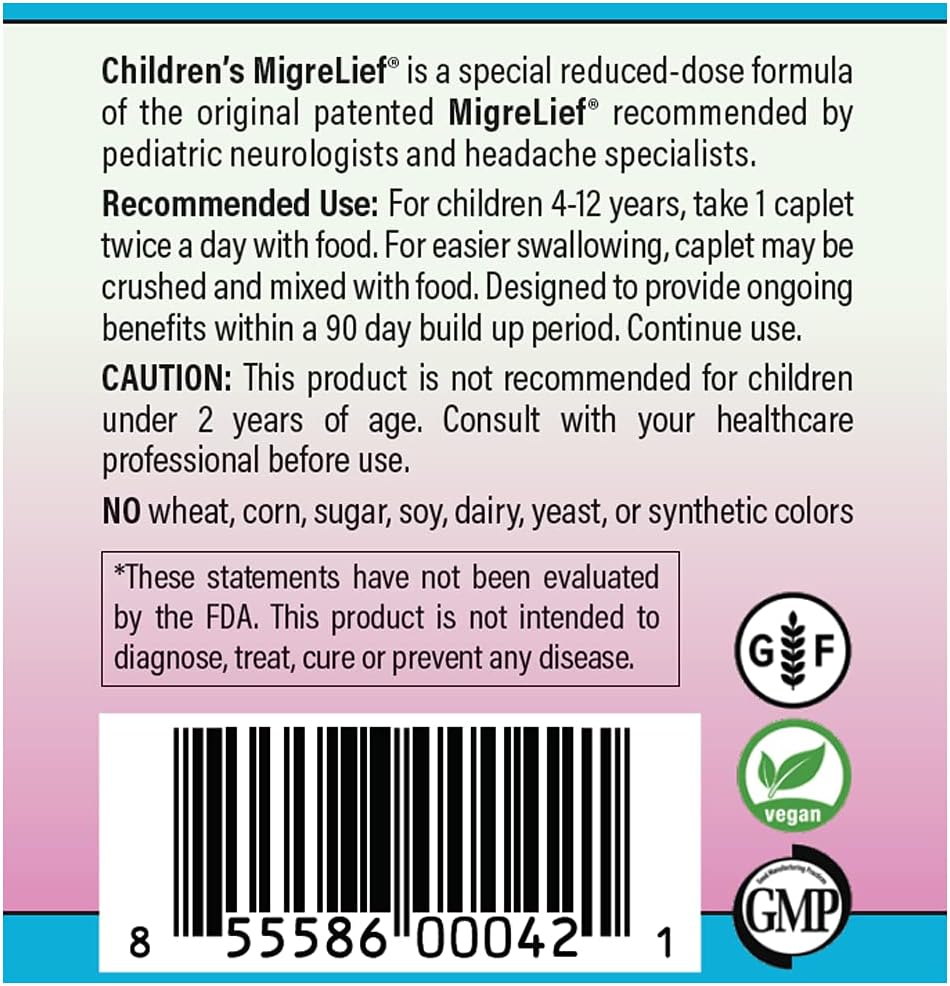 Children'S Migrelief® - Triple Therapy With Puracol™ - Nutritional Support For Pediatric Migraine Sufferers - 60 Caplets/1 Month Supply : Health & Household