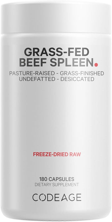 Codeage Grass Fed Beef Spleen Supplement - Freeze Dried, Non-Defatted, Desiccated Beef Spleen Bovine Pills Glandulars Meat β Pasture Raised Argentina Beef Vitamins For Spleen - Non-Gmo -180 Capsules