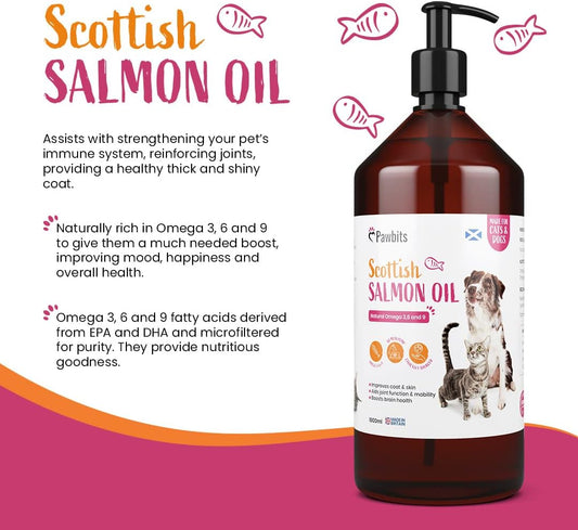 Pawbits 1 Litre Scottish Salmon Oil For Cats & Dogs - Natural Omega 3+6+9, Healthy Coat & Immune System Fish Oil