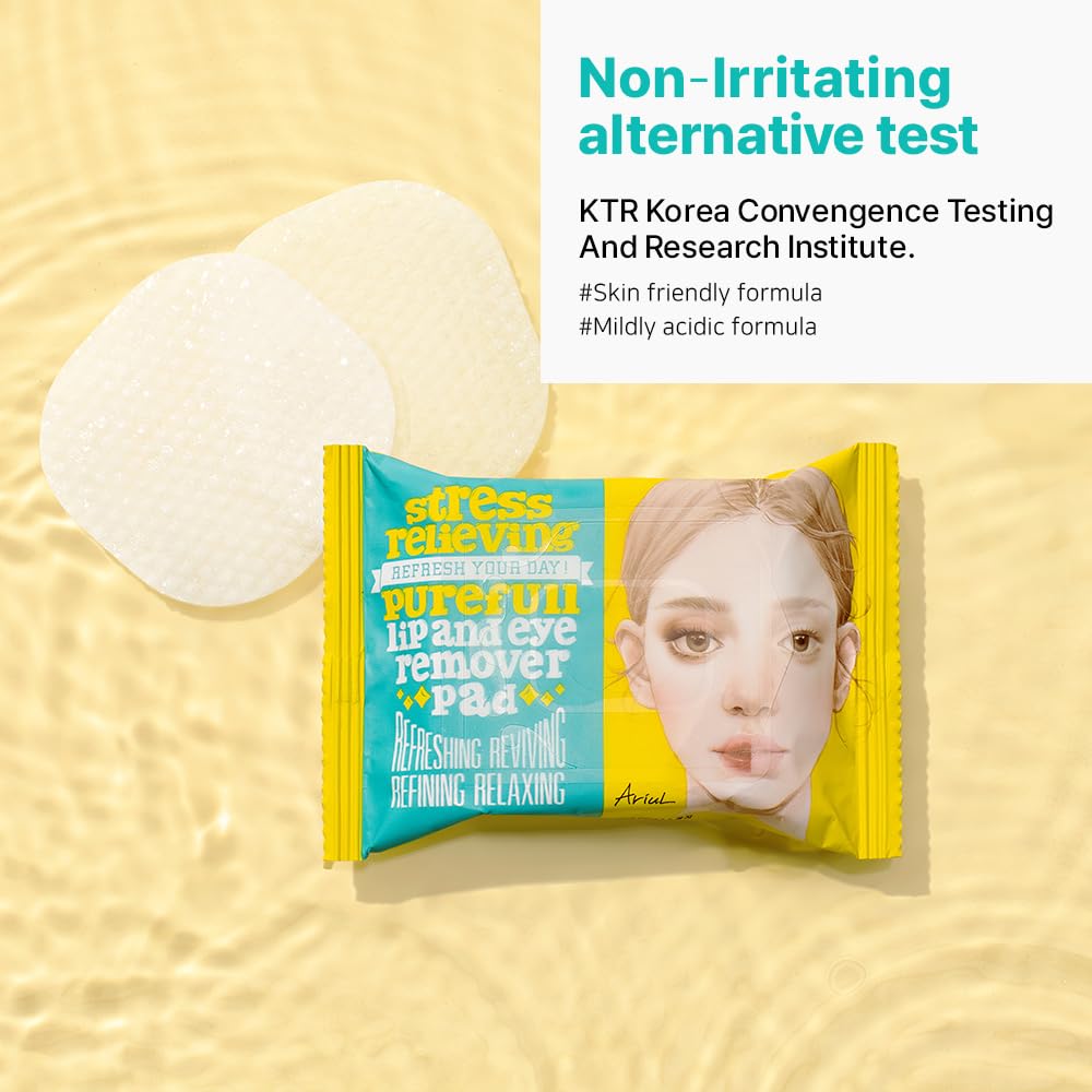 Ariul A Mild&Quick Lip & Eye Make Up Remover Pads For Waterproof Makeup, Double-Sided Pads, Stress Relieving Purefull Remover Pads 90 Counts (Pack Of 3)