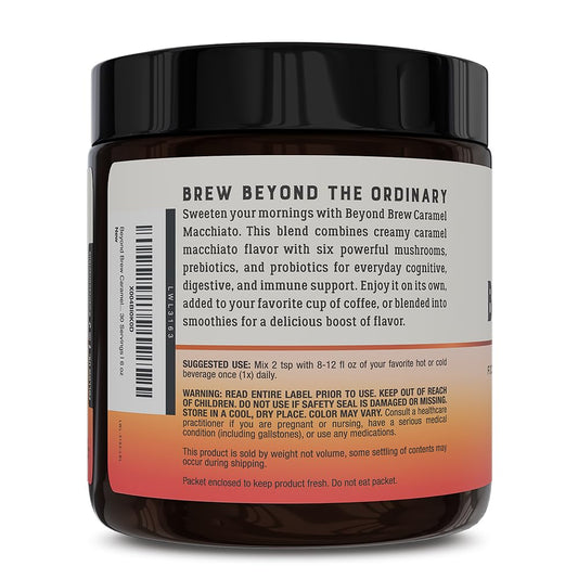 Beyond Brew Caramel Macchiato Coffee Alternative - Low Caffeine Superfood - Powerful Mushroom Complex With Lion’S Mane, Reishi & Chaga - Brewed Drink With Prebiotics & Probiotics - 30 Servings