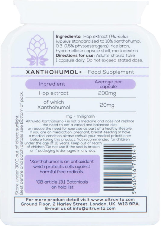 Altruvita Xanthohumol Hop Extract, Xanthohumol+ 200Mg, 60 Capsules, 60 Days Supply, Antioxidant Support, Protects Cells From Stress-Induced Oxidation, Uk Product