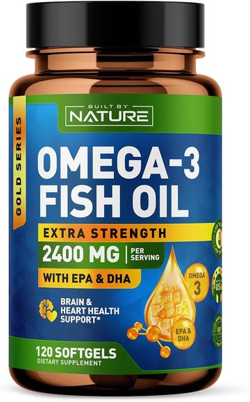 Built By Nature Omega 3 Fish Oil Soft Gels - 2400 Mg Fish Oil, 1440 Mg Omega 3, 864 Mg Epa, 576 Mg Dha - Extra Strength Brain & Heart Health Support Supplement - 60 Softgels