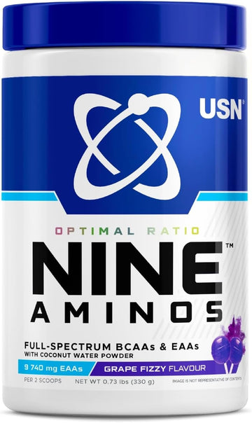 Usn Nine Aminos – Bcaa Amino Acids & Eaa Essential Amino Acids Powder With Added Magnesium & Coconut Water Powder To Support Recovery And Hydration. Grape Fizzy Pop Flavour (330G – 30 Servings)