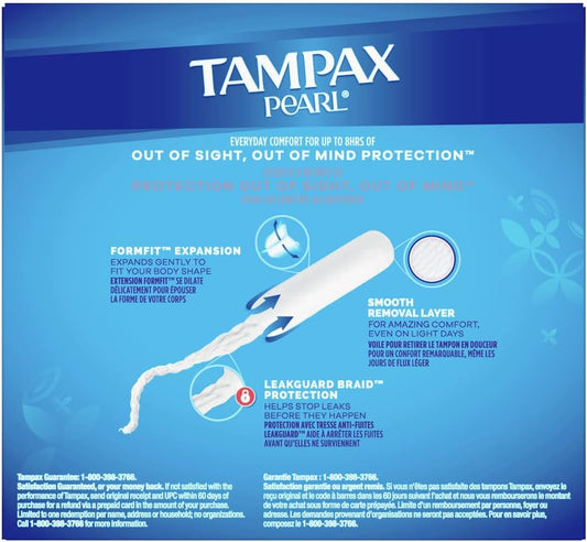 Tampax Pearl Tampons Light Absorbency With Bpa-Free Plastic Applicator And Leakguard Braid, Unscented, 50 Count