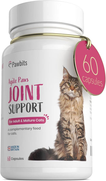60 Pawbits Joint Support For Cats Tablets For Stiff & Mature Adult Cats Anti-Inflammatory Relief Supplements, Green Lipped Mussel, Glucosamine & Hyaluronic Acid Sprinkle Capsules (60)