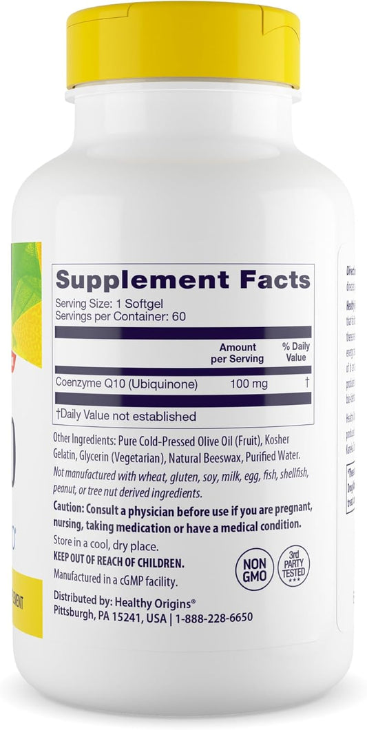 Healthy Origins Natural CoQ10 (Kaneka Q10), 100 mg - Heart Health & Energy Supplement - Gluten-Free & Non-GMO Supplements - 60 Softgels