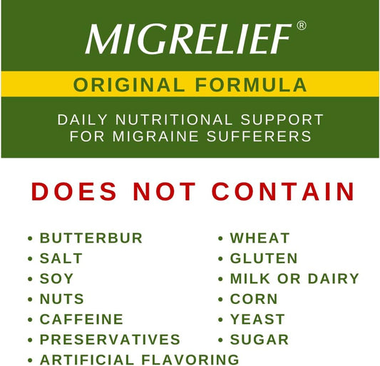 Migrelief Original Triple Therapy With Puracol - Nutritional Support For Migraine Sufferers - 60 Caplets/1 Month Supply