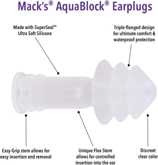 Mack'S Aquablock Swimming Earplugs, 2 Pair - Comfortable, Waterproof, Reusable Silicone Ear Plugs For Swimming, Snorkeling, Showering, Surfing And Bathing (Clear)