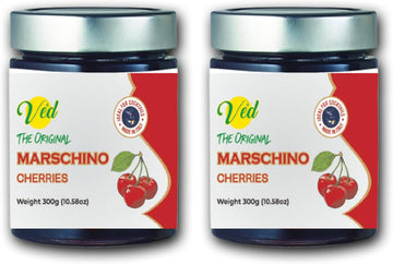 Ved Gourmet Original Red Maraschino Cherries - Italian Cherry For Old-Fashioned Cocktails - Vegan Cocktail, Bourbon Cherries In Natural Syrup For Cocktail Garnish, (600 G (Pack Of 2))